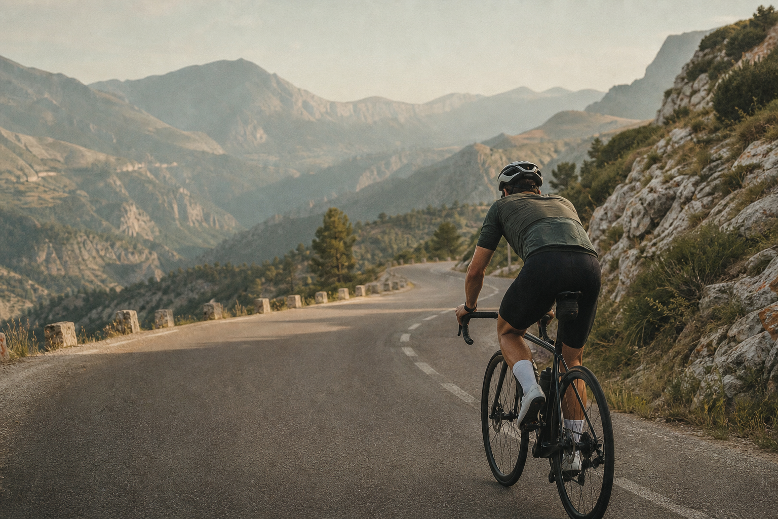 A cyclist climbing a quiet mountain pass