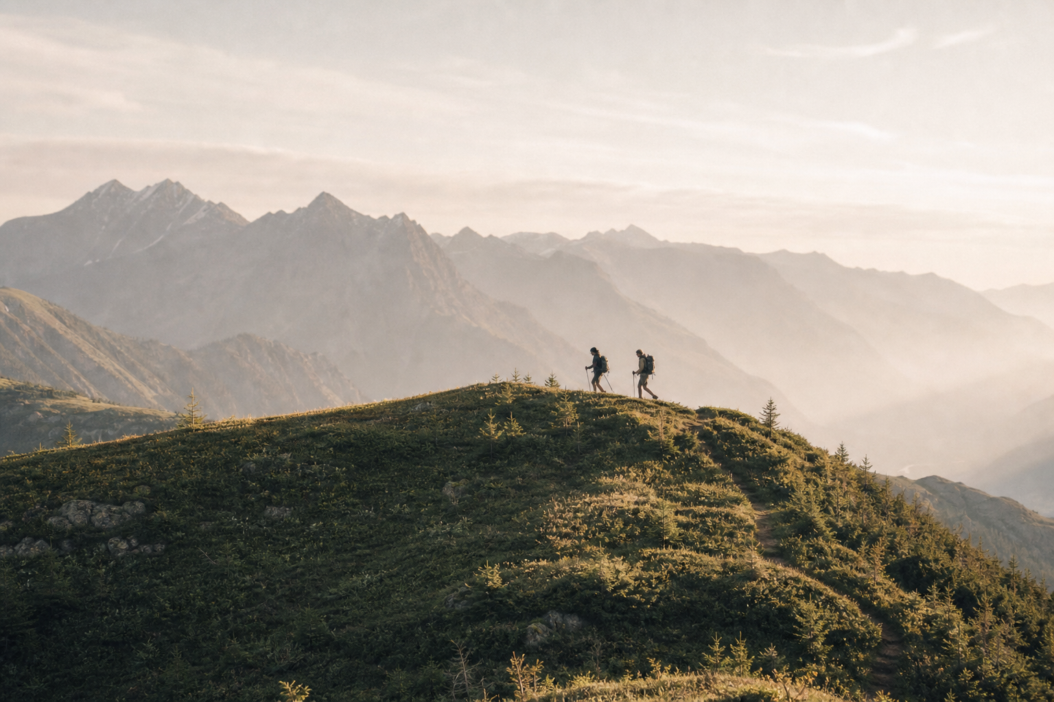 Two hikers cresting an alpine ridge at dawn
