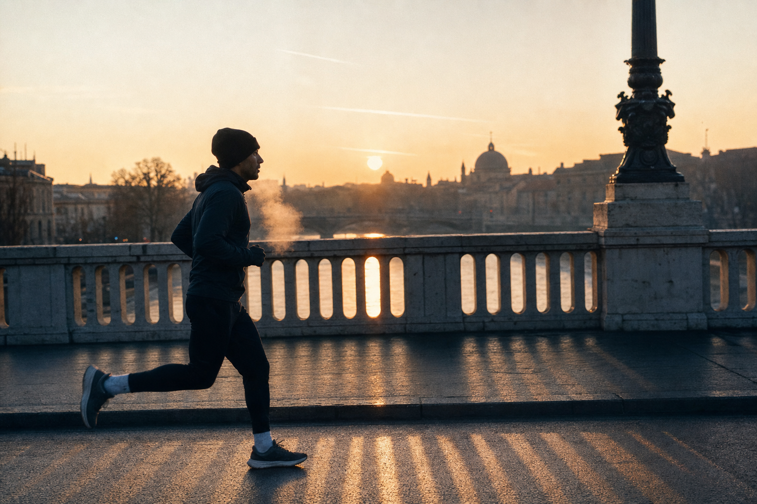 A runner crossing a quiet city bridge at dawn