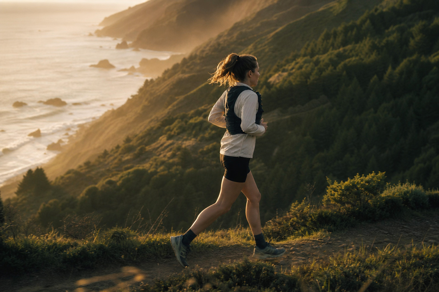 A runner on a coastal ridge trail at golden hour