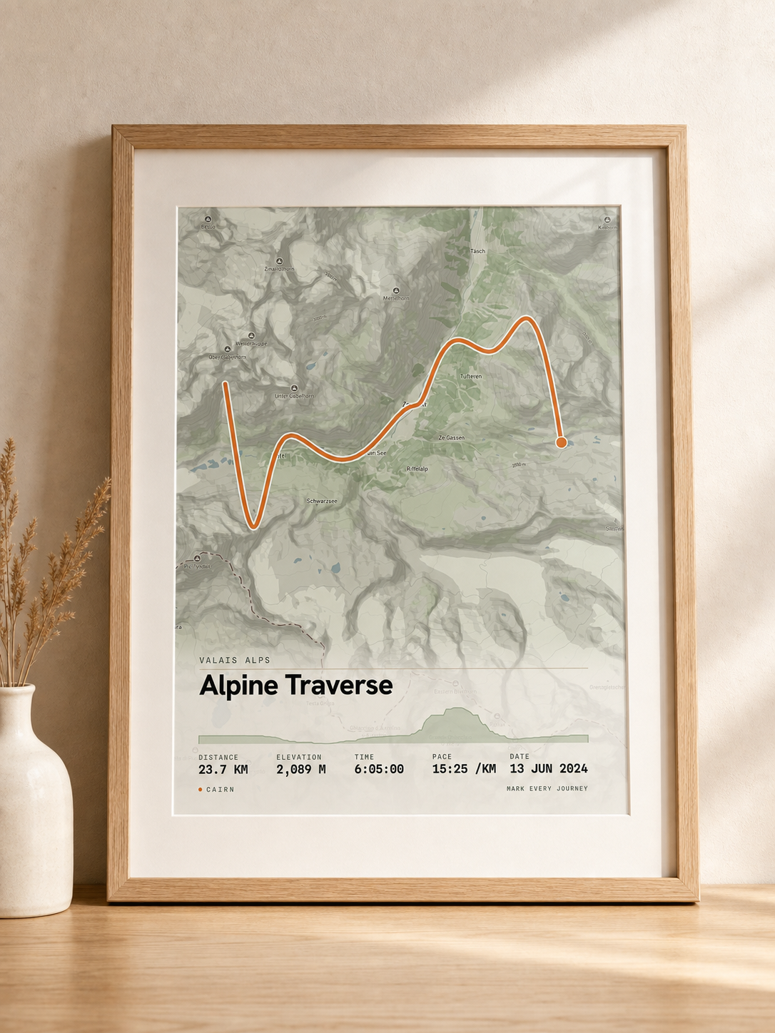 The Framed Edition, the route print in a natural oak frame with an archival mat