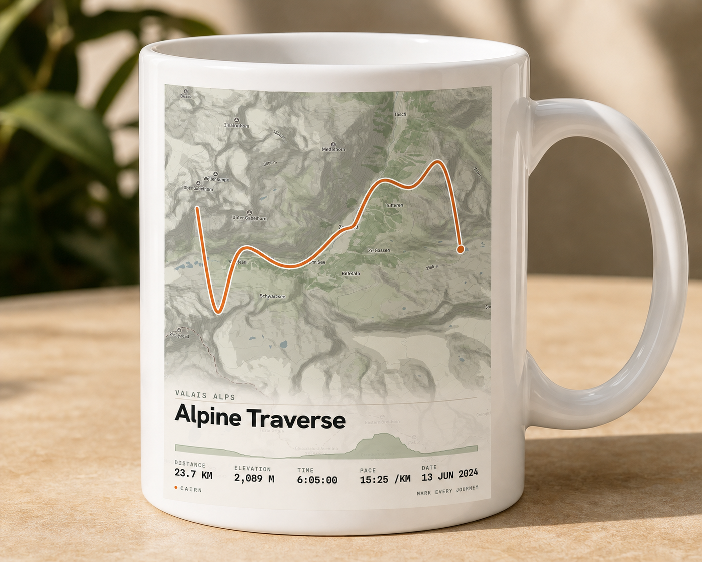 The Route Mug, glazed stoneware with the route map wrapped around it