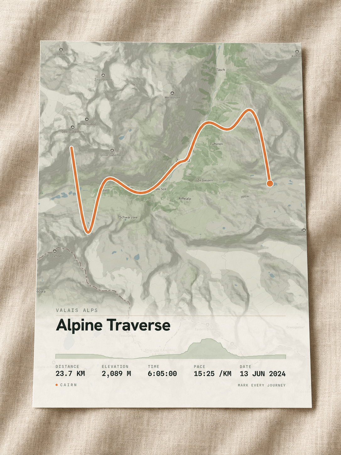 The Route Print, a heavyweight matte map-art poster of a real route on warm linen